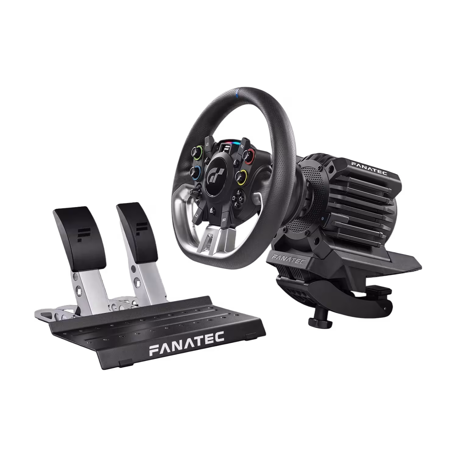 Complete Fanatec Gran Turismo DD Pro 5 Nm bundle with steering wheel, wheel base, two pedals and table clamp